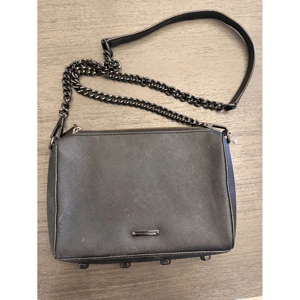 Rebecca‎ Minkoff Avery Crossbody Bag Black Saffiano Leather Gunmetal Chain OS